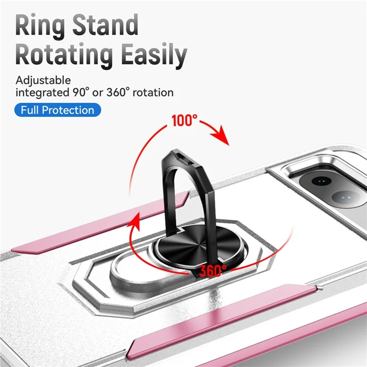 For Google Pixel 8a Case Military Grade Ring Kickstand PC + TPU Phone Cover - White+Pink