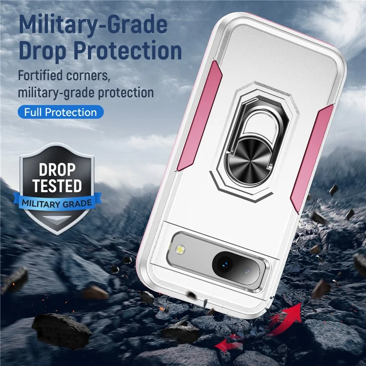 For Google Pixel 8a Case Military Grade Ring Kickstand PC + TPU Phone Cover - White+Pink