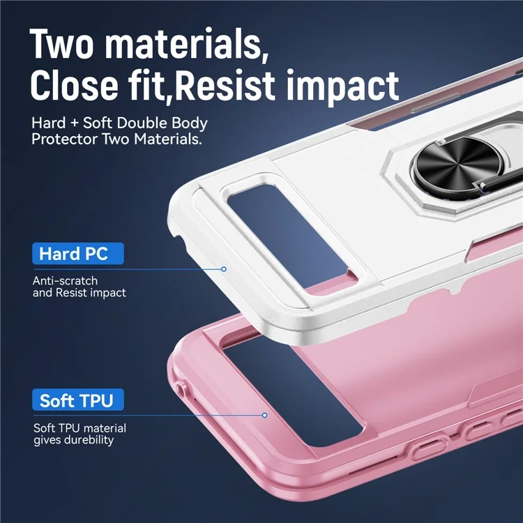 For Google Pixel 8a Case Military Grade Ring Kickstand PC + TPU Phone Cover - White+Pink