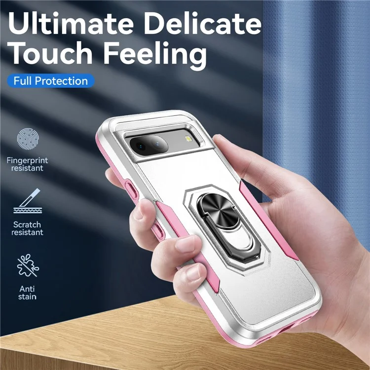 For Google Pixel 8a Case Military Grade Ring Kickstand PC + TPU Phone Cover - White+Pink