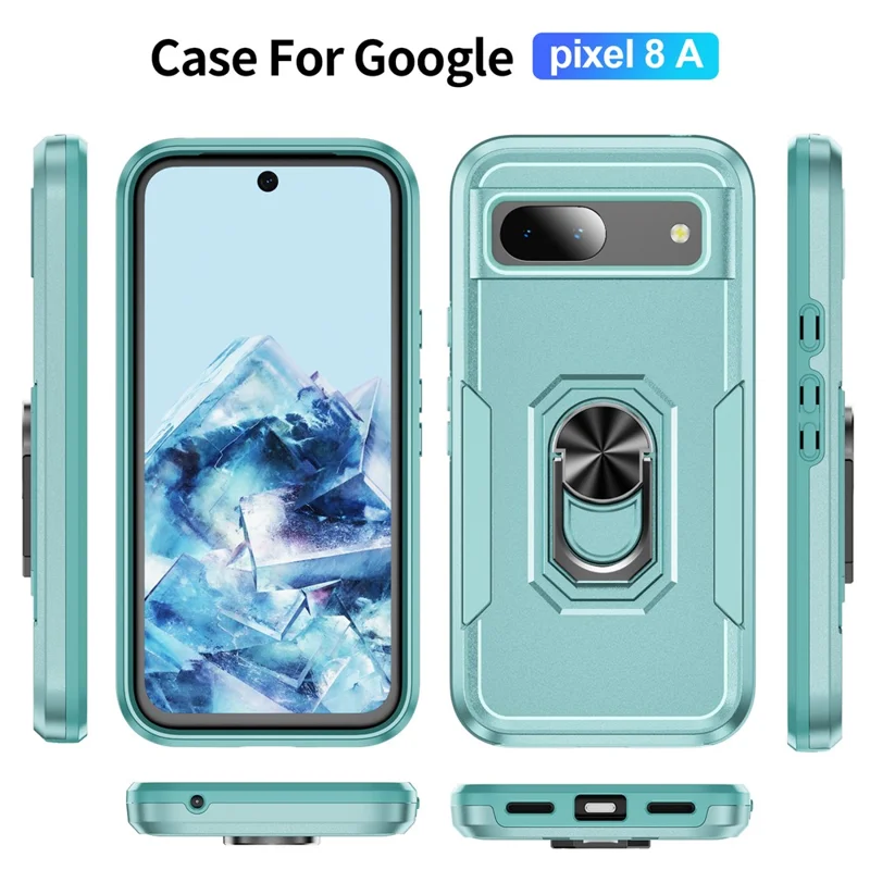 For Google Pixel 8a Case Military Grade Ring Kickstand PC + TPU Phone Cover - Green