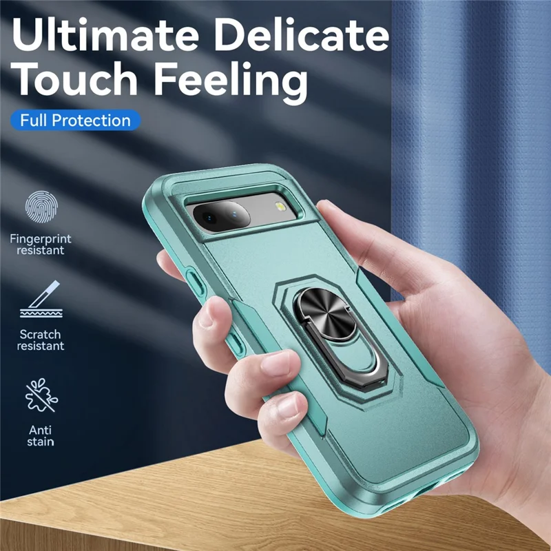 For Google Pixel 8a Case Military Grade Ring Kickstand PC + TPU Phone Cover - Green