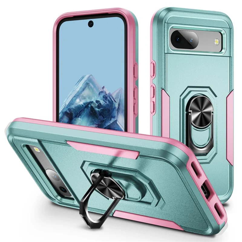 For Google Pixel 8a Case Military Grade Ring Kickstand PC + TPU Phone Cover - Green+Pink