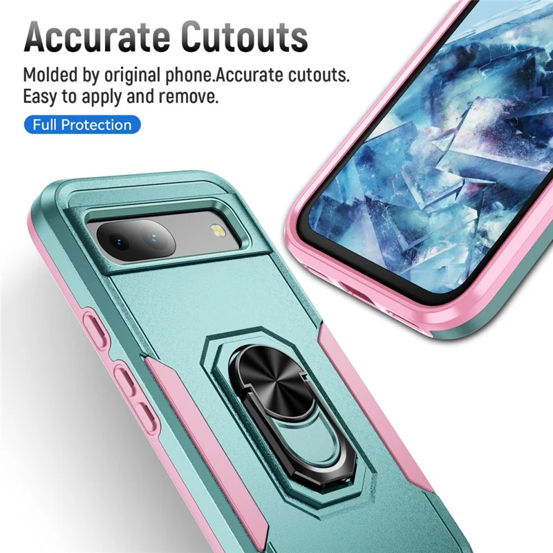 For Google Pixel 8a Case Military Grade Ring Kickstand PC + TPU Phone Cover - Green+Pink