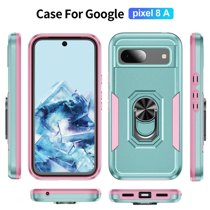 For Google Pixel 8a Case Military Grade Ring Kickstand PC + TPU Phone Cover - Green+Pink