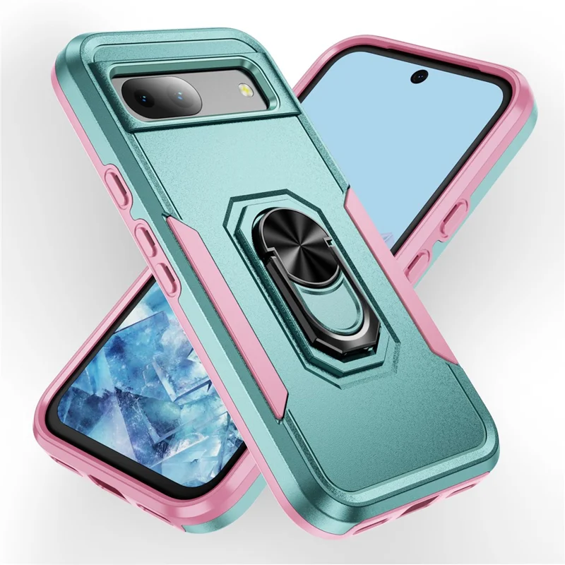 For Google Pixel 8a Case Military Grade Ring Kickstand PC + TPU Phone Cover - Green+Pink
