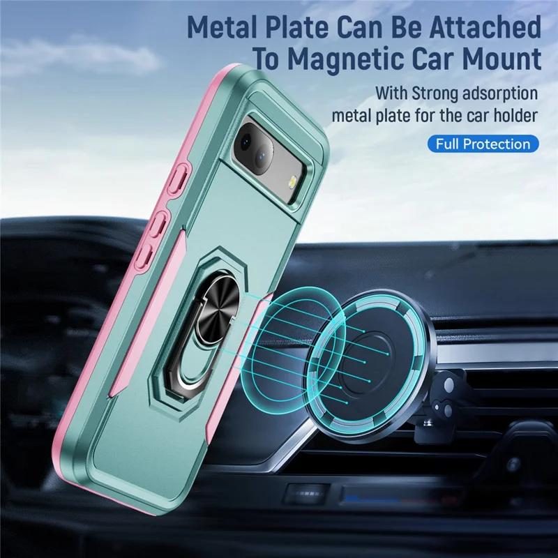 For Google Pixel 8a Case Military Grade Ring Kickstand PC + TPU Phone Cover - Green+Pink