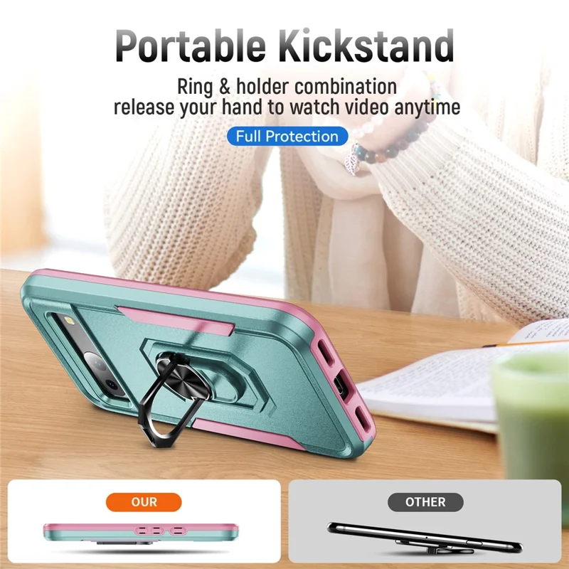 For Google Pixel 8a Case Military Grade Ring Kickstand PC + TPU Phone Cover - Green+Pink