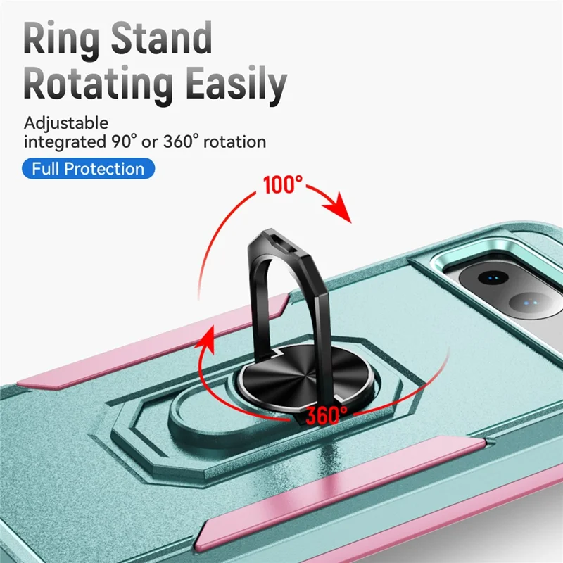 For Google Pixel 8a Case Military Grade Ring Kickstand PC + TPU Phone Cover - Green+Pink