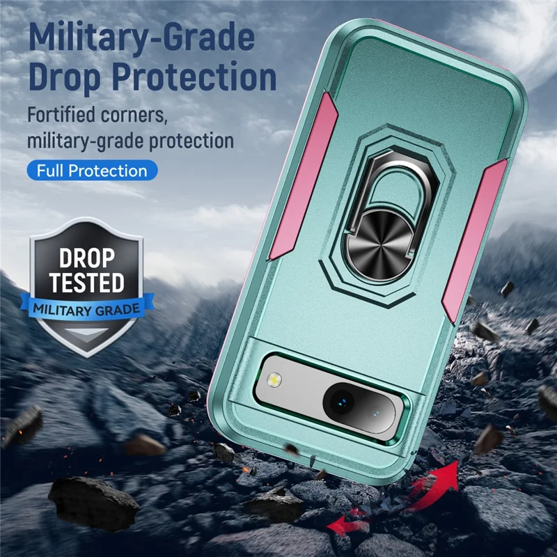 For Google Pixel 8a Case Military Grade Ring Kickstand PC + TPU Phone Cover - Green+Pink