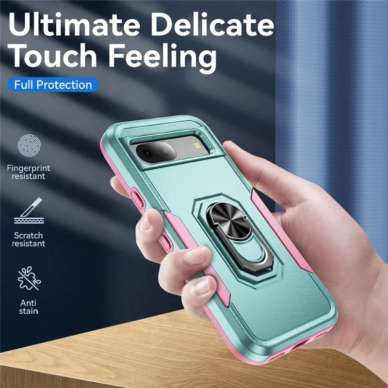 For Google Pixel 8a Case Military Grade Ring Kickstand PC + TPU Phone Cover - Green+Pink
