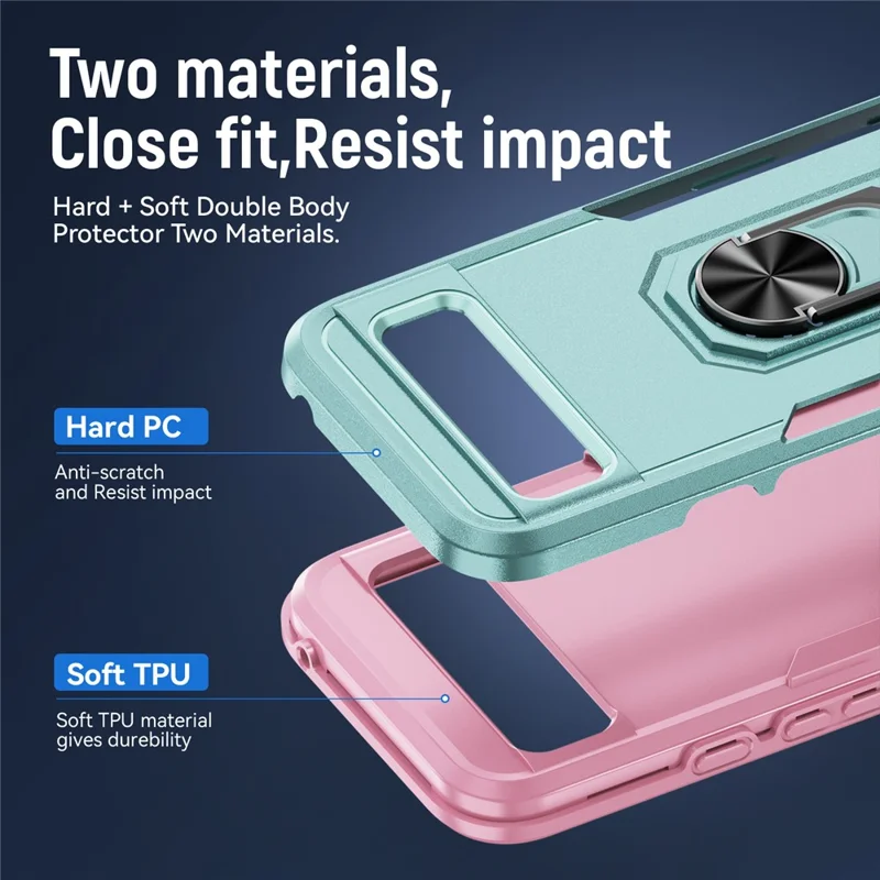 For Google Pixel 8a Case Military Grade Ring Kickstand PC + TPU Phone Cover - Green+Pink