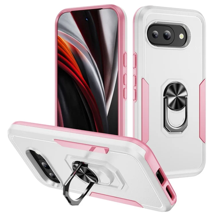 Per Google Pixel 9a Custodia Grado Militare Anello Supporto PC+TPU Custodia per Telefono - Bianco+Rosa