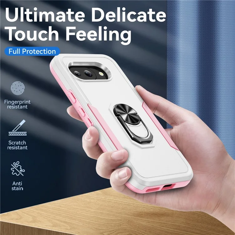 Per Google Pixel 9a Custodia Grado Militare Anello Supporto PC+TPU Custodia per Telefono - Bianco+Rosa