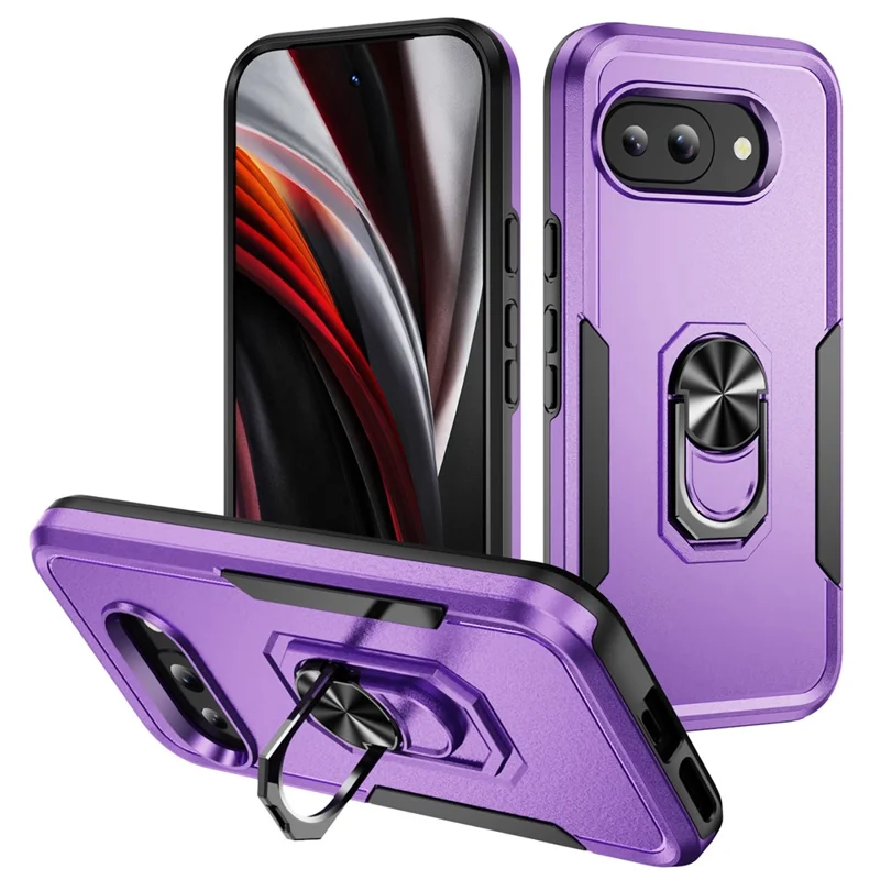 For Google Pixel 9a Case Military Grade Ring Kickstand PC+TPU Phone Cover - Purple+Black