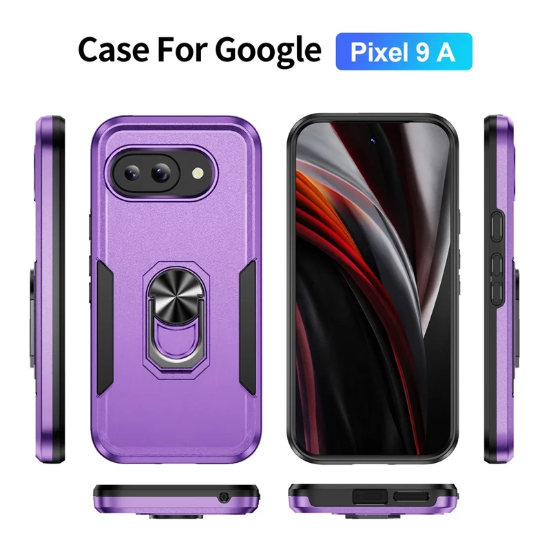 For Google Pixel 9a Case Military Grade Ring Kickstand PC+TPU Phone Cover - Purple+Black