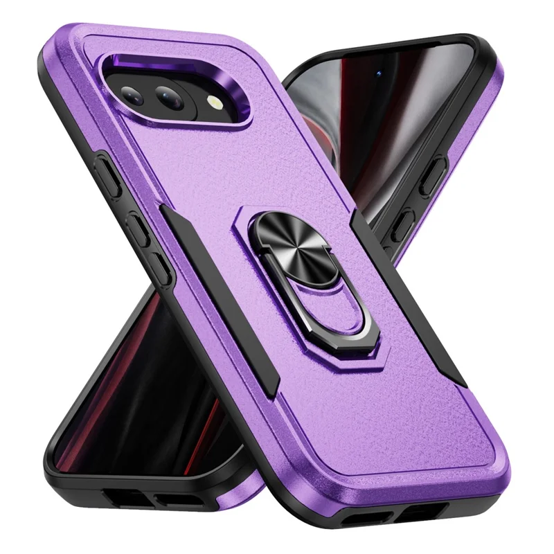 For Google Pixel 9a Case Military Grade Ring Kickstand PC+TPU Phone Cover - Purple+Black