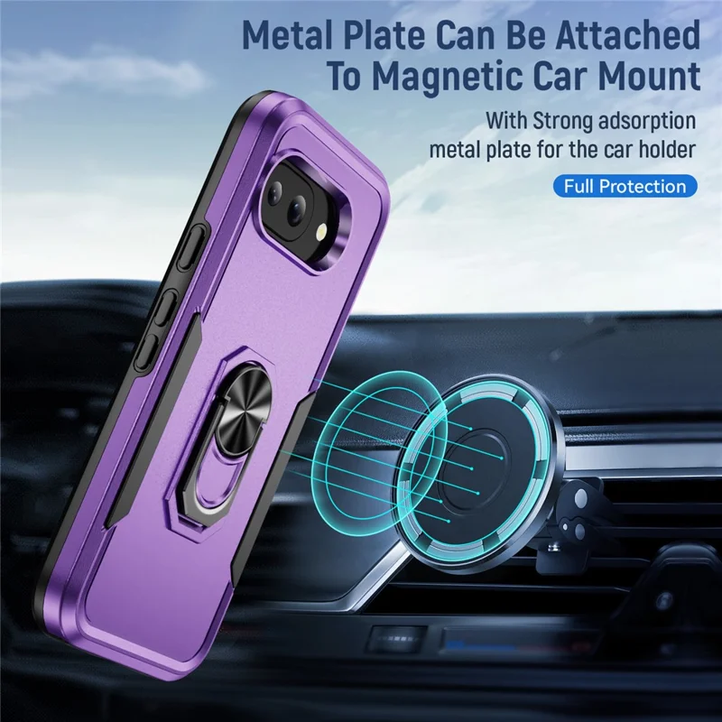 For Google Pixel 9a Case Military Grade Ring Kickstand PC+TPU Phone Cover - Purple+Black