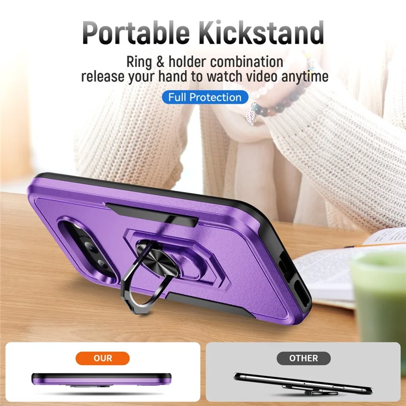 For Google Pixel 9a Case Military Grade Ring Kickstand PC+TPU Phone Cover - Purple+Black