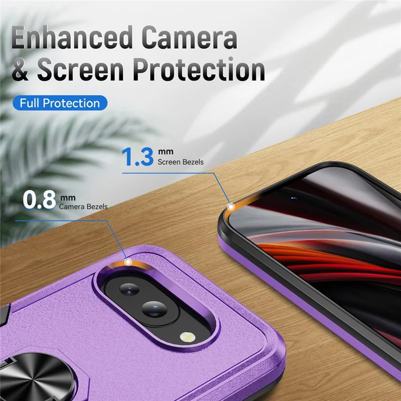 For Google Pixel 9a Case Military Grade Ring Kickstand PC+TPU Phone Cover - Purple+Black