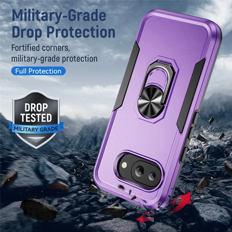 For Google Pixel 9a Case Military Grade Ring Kickstand PC+TPU Phone Cover - Purple+Black