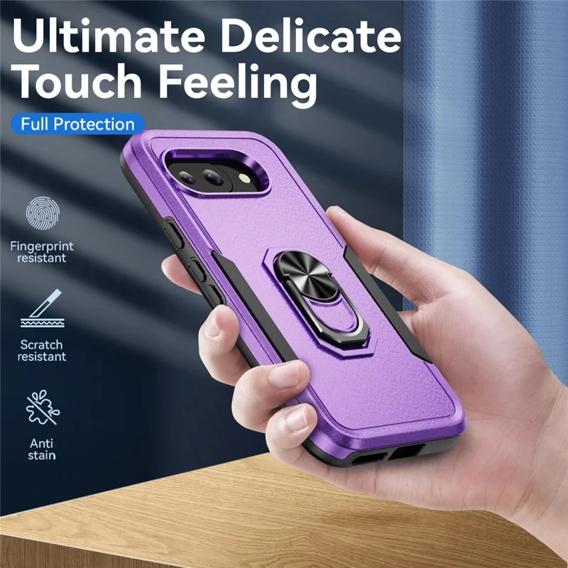 For Google Pixel 9a Case Military Grade Ring Kickstand PC+TPU Phone Cover - Purple+Black