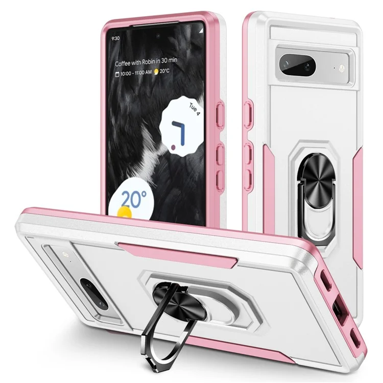For Google Pixel 7a Case Military Grade Ring Kickstand PC + TPU Phone Cover - White  /  Pink