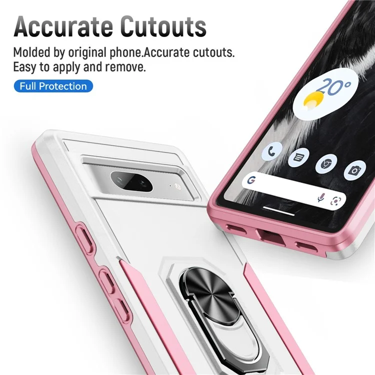 For Google Pixel 7a Case Military Grade Ring Kickstand PC + TPU Phone Cover - White  /  Pink