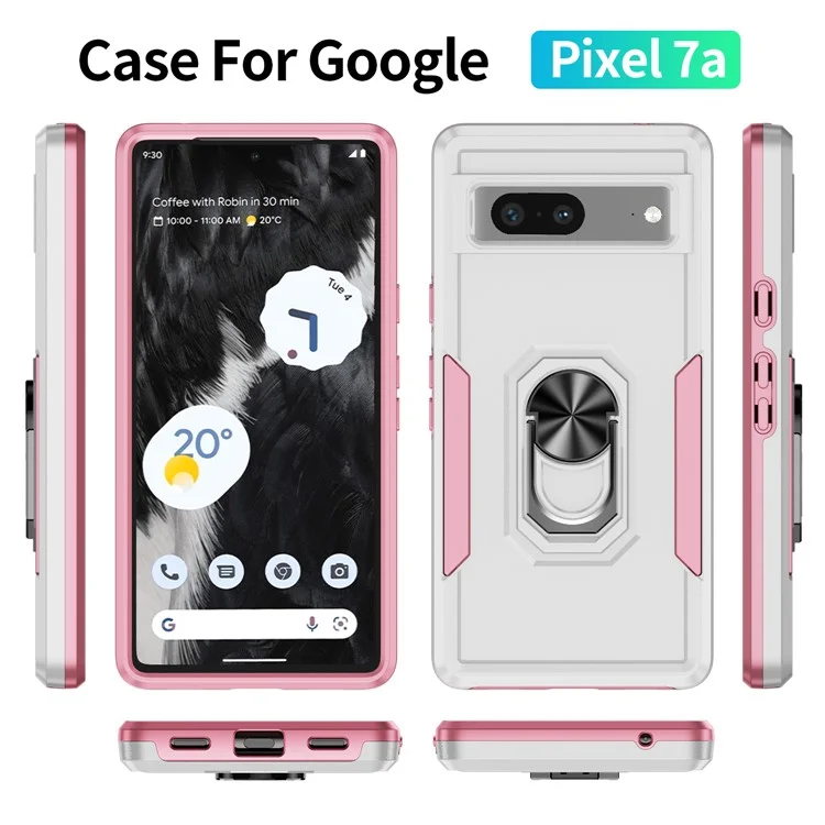 For Google Pixel 7a Case Military Grade Ring Kickstand PC + TPU Phone Cover - White  /  Pink