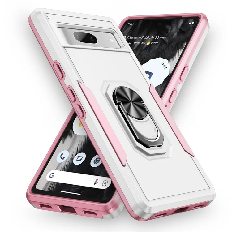 For Google Pixel 7a Case Military Grade Ring Kickstand PC + TPU Phone Cover - White  /  Pink