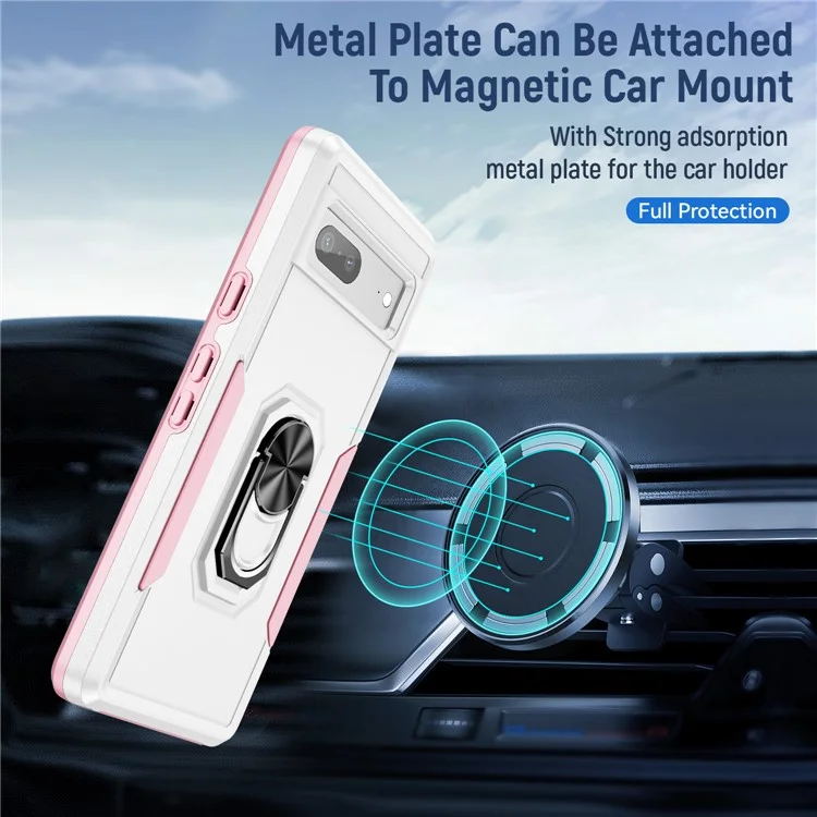For Google Pixel 7a Case Military Grade Ring Kickstand PC + TPU Phone Cover - White  /  Pink