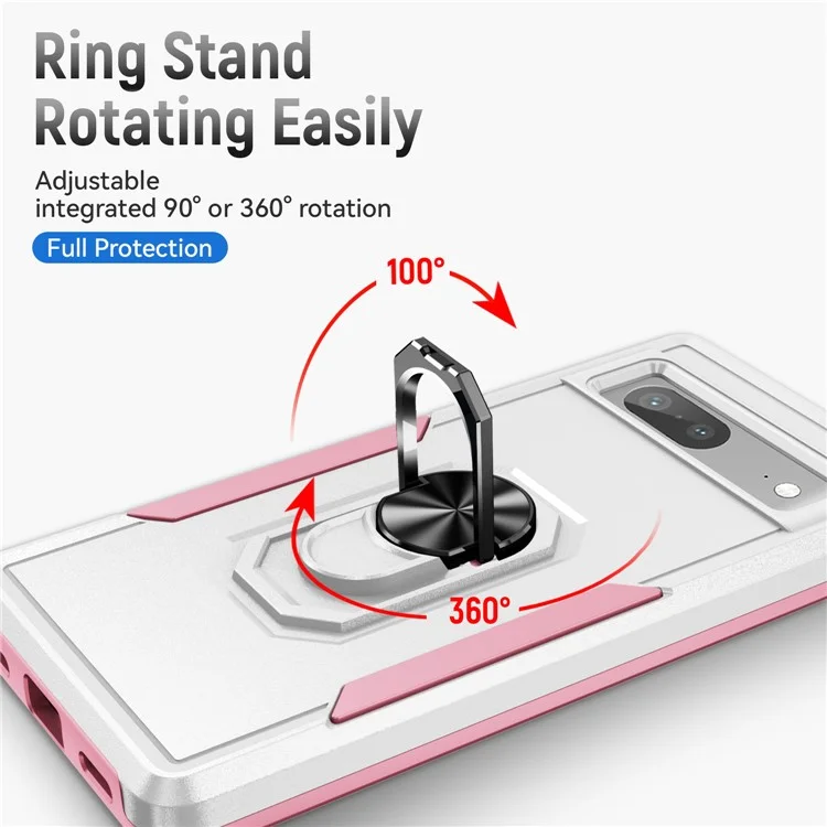For Google Pixel 7a Case Military Grade Ring Kickstand PC + TPU Phone Cover - White  /  Pink