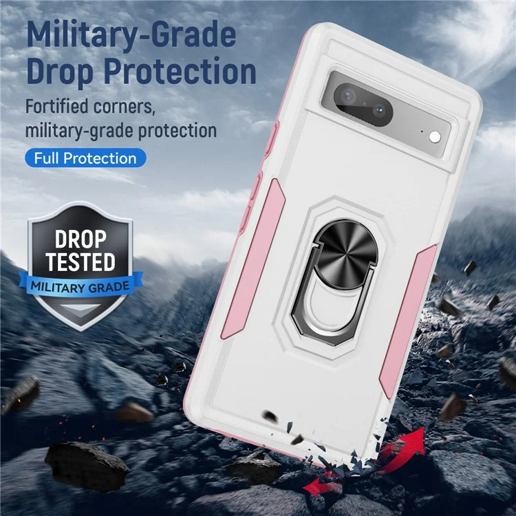 For Google Pixel 7a Case Military Grade Ring Kickstand PC + TPU Phone Cover - White  /  Pink