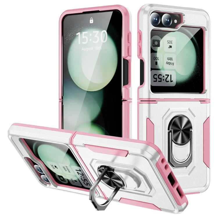 Cover per Samsung Galaxy Z Flip6 5G Custodia Militare con Anello e Supporto in PC + TPU - Bianco + Rosa
