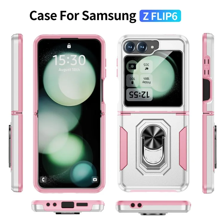 Cover per Samsung Galaxy Z Flip6 5G Custodia Militare con Anello e Supporto in PC + TPU - Bianco + Rosa