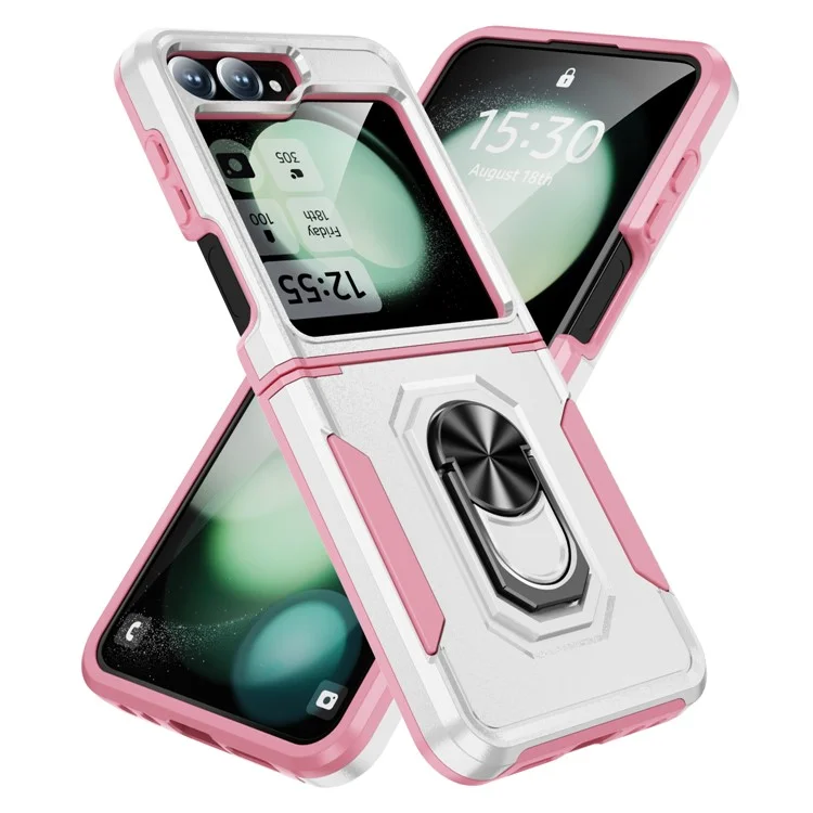 Cover per Samsung Galaxy Z Flip6 5G Custodia Militare con Anello e Supporto in PC + TPU - Bianco + Rosa