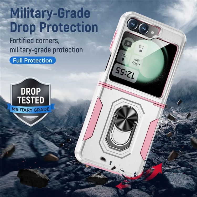 Cover per Samsung Galaxy Z Flip6 5G Custodia Militare con Anello e Supporto in PC + TPU - Bianco + Rosa