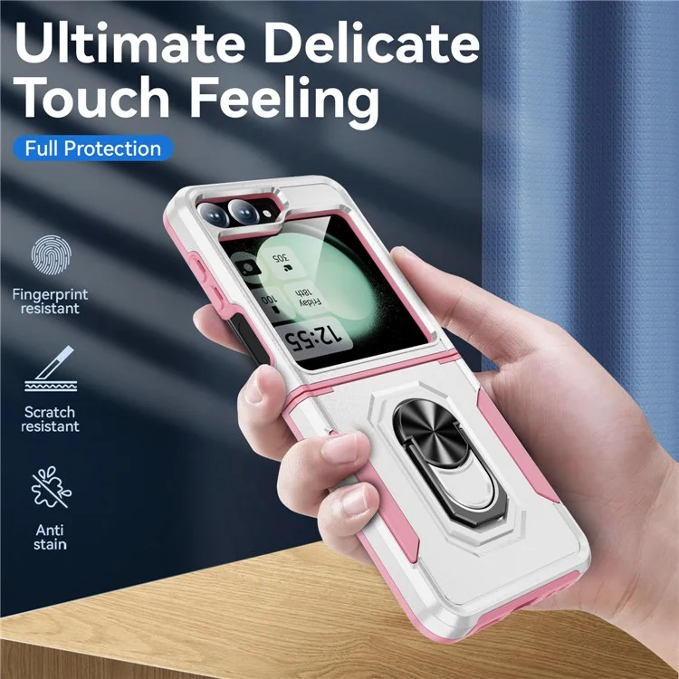Cover per Samsung Galaxy Z Flip6 5G Custodia Militare con Anello e Supporto in PC + TPU - Bianco + Rosa