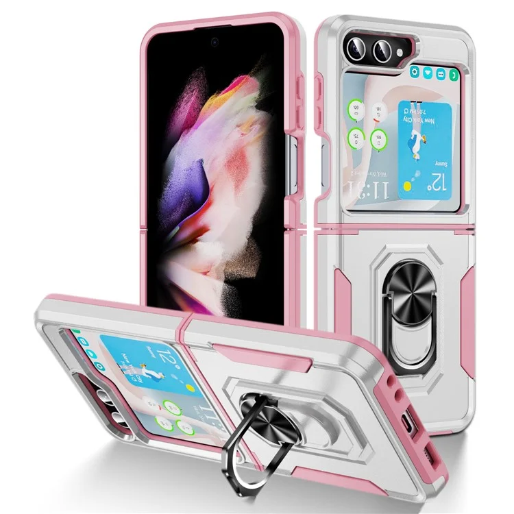 Cover per Samsung Galaxy Z Flip5 5G Custodia Militare con Anello e Supporto in PC + TPU - Bianco + Rosa
