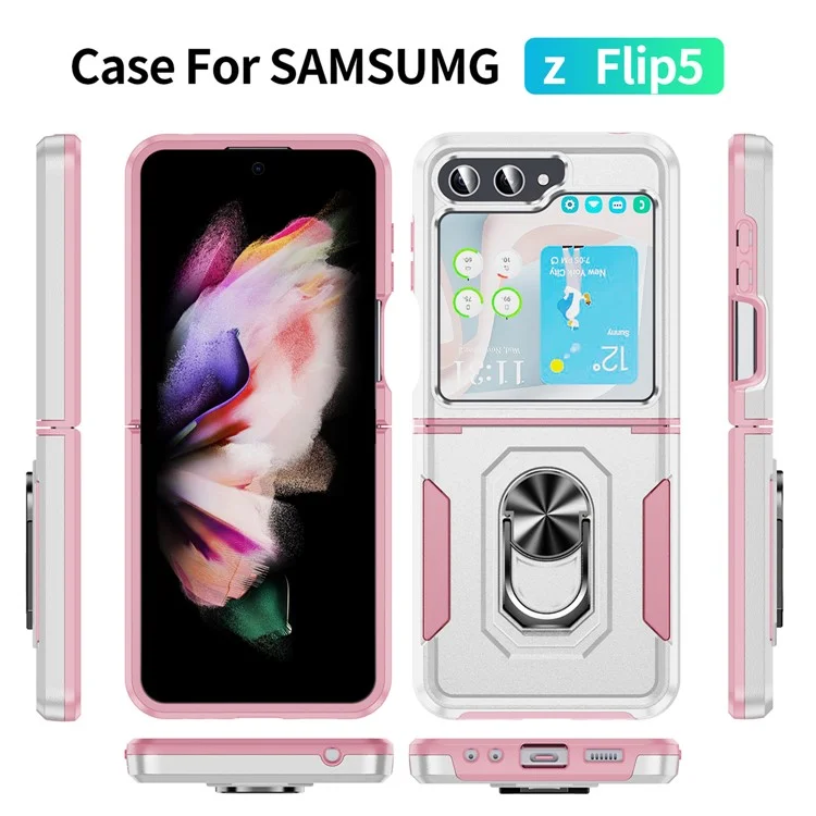 Cover per Samsung Galaxy Z Flip5 5G Custodia Militare con Anello e Supporto in PC + TPU - Bianco + Rosa
