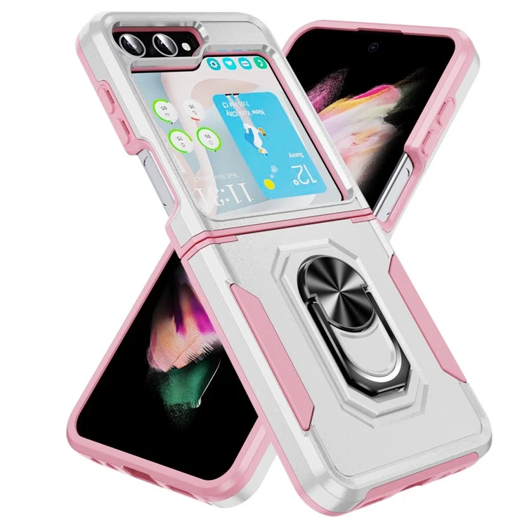 Cover per Samsung Galaxy Z Flip5 5G Custodia Militare con Anello e Supporto in PC + TPU - Bianco + Rosa