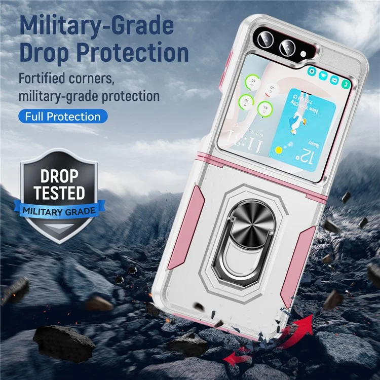 Cover per Samsung Galaxy Z Flip5 5G Custodia Militare con Anello e Supporto in PC + TPU - Bianco + Rosa