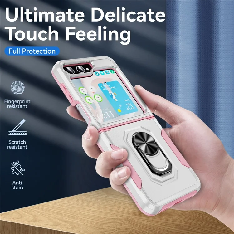 Cover per Samsung Galaxy Z Flip5 5G Custodia Militare con Anello e Supporto in PC + TPU - Bianco + Rosa