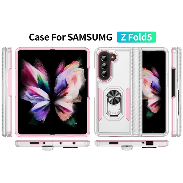 Cover per Samsung Galaxy Z Fold5 5G Custodia Militare con Anello e Supporto in PC + TPU - Bianco + Rosa