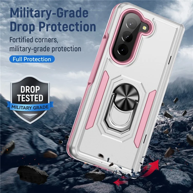 Cover per Samsung Galaxy Z Fold5 5G Custodia Militare con Anello e Supporto in PC + TPU - Bianco + Rosa