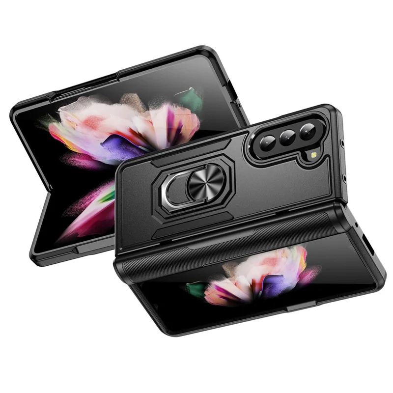 For Samsung Galaxy Z Fold5 5G Case Military Grade Ring Kickstand PC + TPU Phone Cover - Black