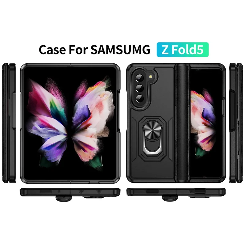 For Samsung Galaxy Z Fold5 5G Case Military Grade Ring Kickstand PC + TPU Phone Cover - Black