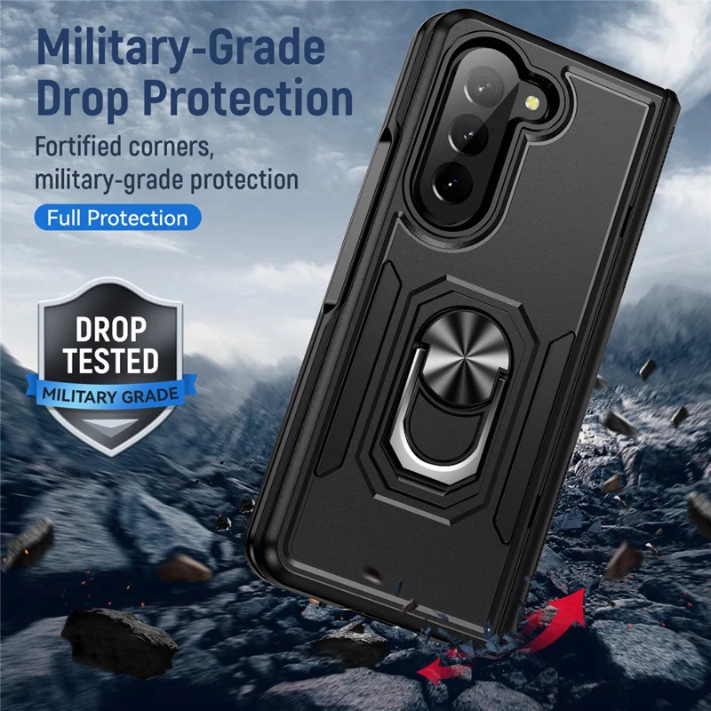 For Samsung Galaxy Z Fold5 5G Case Military Grade Ring Kickstand PC + TPU Phone Cover - Black