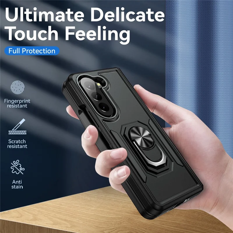 For Samsung Galaxy Z Fold5 5G Case Military Grade Ring Kickstand PC + TPU Phone Cover - Black