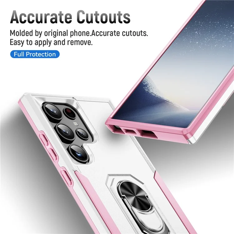 For Samsung Galaxy S24 Ultra Case Military Grade Ring Kickstand PC + TPU Phone Cover - White + Pink